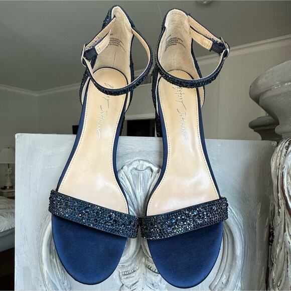 Betsy Johnson Mari Heels Sz 8 Blue Sparkly Strappy Open Toe Evening Shoes - Picture 9 of 10